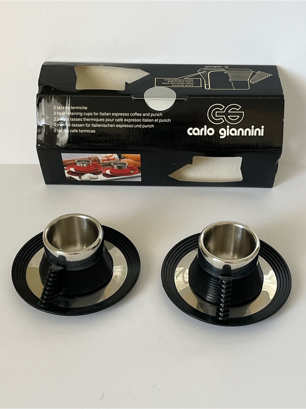 Star Trek Carlo Giannini NWT Vintage Black and Metal Espresso Cup and Saucer Set